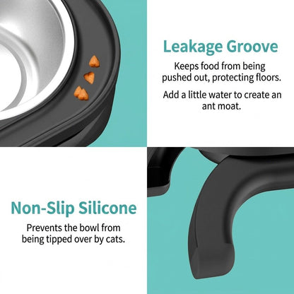 Adjustable Height Pet Food Bowl with Stainless Steel Double Bowls, Ergonomic Raised Cat Feeder for Indoor Cats and Small Dogs, Anti-Slip, Anti-Tip, and Easy-to-Clean Design (Grey)