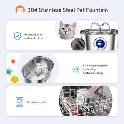 304 Stainless Steel Pet Water Fountain, 3.2L Oval Design with Dual Water Flow, Ultra-Quiet Automatic Circulating Filtered Drinking Station for Cats and Dogs, USB Powered (Adapter Not Included), Dishwasher Safe (A)