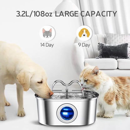 304 Stainless Steel Pet Water Fountain, 3.2L Oval Design with Dual Water Flow, Ultra-Quiet Automatic Circulating Filtered Drinking Station for Cats and Dogs, USB Powered (Adapter Not Included), Dishwasher Safe (A)