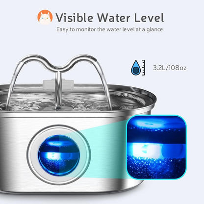 304 Stainless Steel Pet Water Fountain, 3.2L Oval Design with Dual Water Flow, Ultra-Quiet Automatic Circulating Filtered Drinking Station for Cats and Dogs, USB Powered (Adapter Not Included), Dishwasher Safe (B)