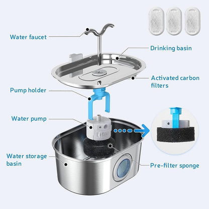 304 Stainless Steel Pet Water Fountain, 3.2L Oval Design with Dual Water Flow, Ultra-Quiet Automatic Circulating Filtered Drinking Station for Cats and Dogs, USB Powered (Adapter Not Included), Dishwasher Safe (B)