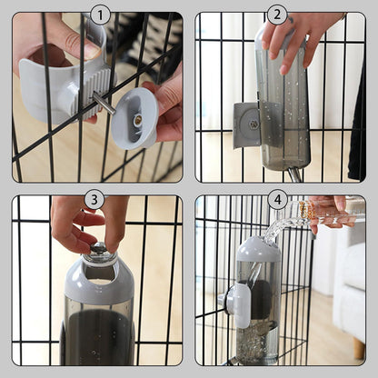 Water Bottle Hanging Dog Water Dispenser Kennel Drinker Kettle Feeder Free Cage Crate Hutch Puppy Cat Rabbit (24oz, Gray)