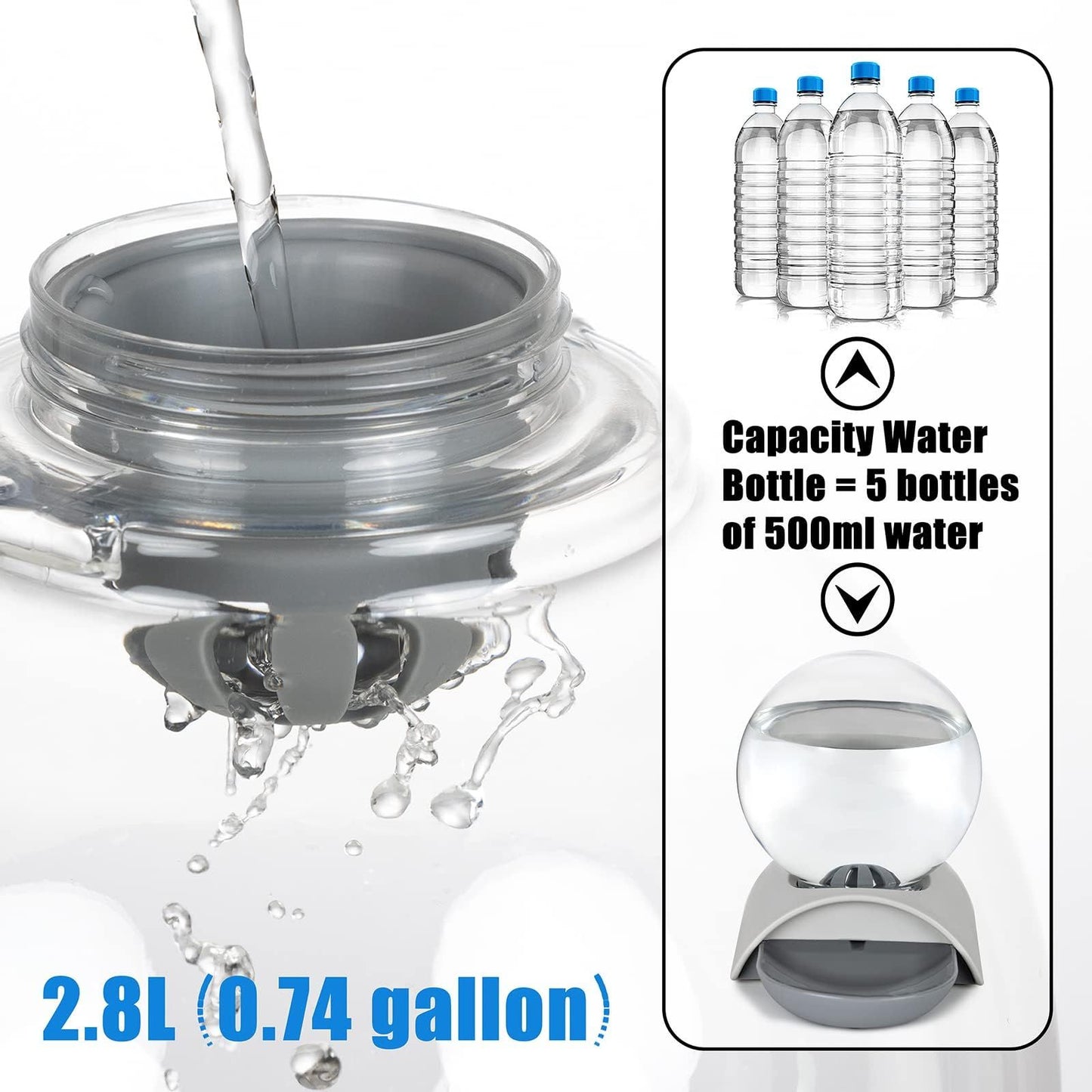 Pet Water Dispenser, 2.8L Automatic Gravity Cat Water Dispenser for Cats, Dogs & Rabbit, Detachable Cat Dog Water Grey