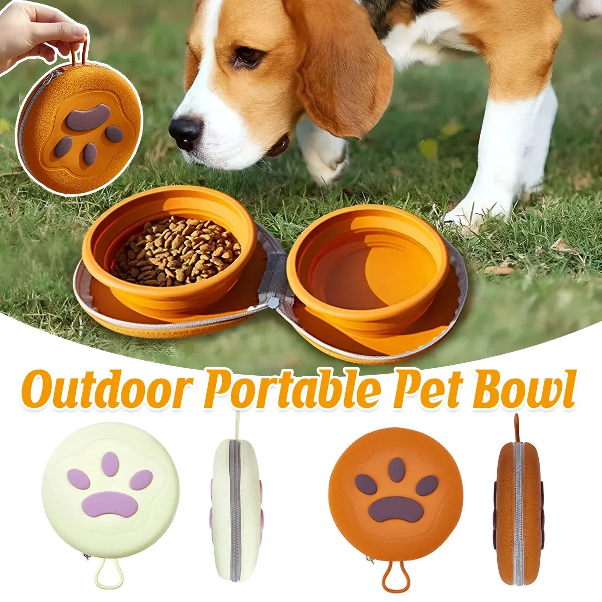 Pet Travel Feeding Bowl Set Portable Foldable Dog Cat Food Water Dish Outdoor - Beige