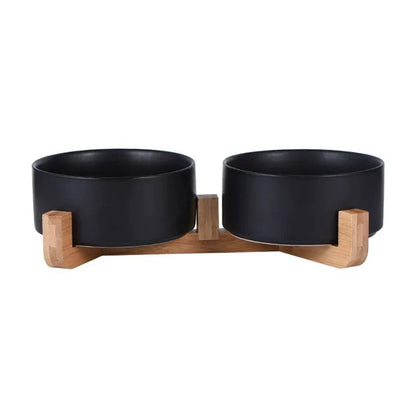 Ceramic Pet Bowl Double Cat Food Bowl Dog Water Bowl Feeding Drinking Bowl Set - Black