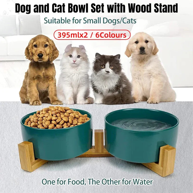 Ceramic Pet Bowl Double Cat Food Bowl Dog Water Bowl Feeding Drinking Bowl Set - Black