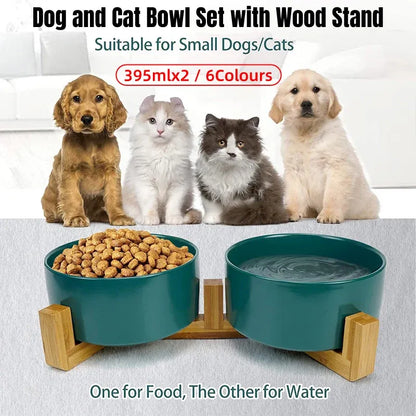 Ceramic Pet Bowl Double Cat Food Bowl Dog Water Bowl Feeding Drinking Bowl Set - Black