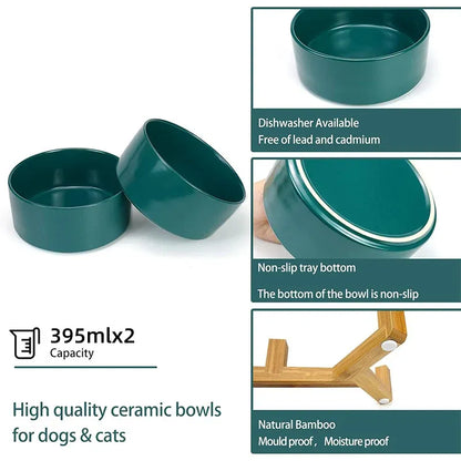 Ceramic Pet Bowl Double Cat Food Bowl Dog Water Bowl Feeding Drinking Bowl Set - Black