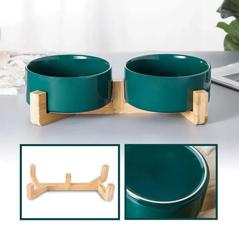 Ceramic Pet Bowl Double Cat Food Bowl Dog Water Bowl Feeding Drinking Bowl Set - Black