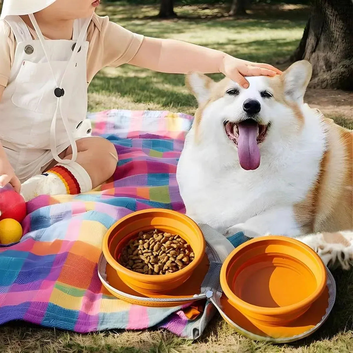 Pet Travel Feeding Bowl Set Portable Foldable Dog Cat Food Water Dish Outdoor - Brown