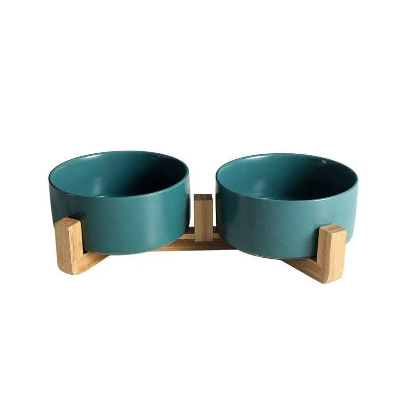 Ceramic Pet Bowl Double Cat Food Bowl Dog Water Bowl Feeding Drinking Bowl Set - Green