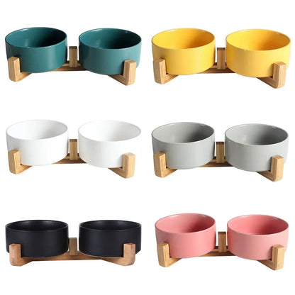 Ceramic Pet Bowl Double Cat Food Bowl Dog Water Bowl Feeding Drinking Bowl Set - Green