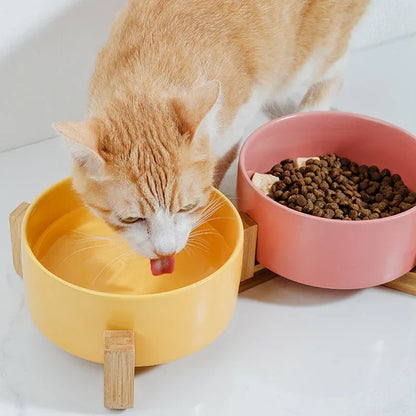 Ceramic Pet Bowl Double Cat Food Bowl Dog Water Bowl Feeding Drinking Bowl Set - Green