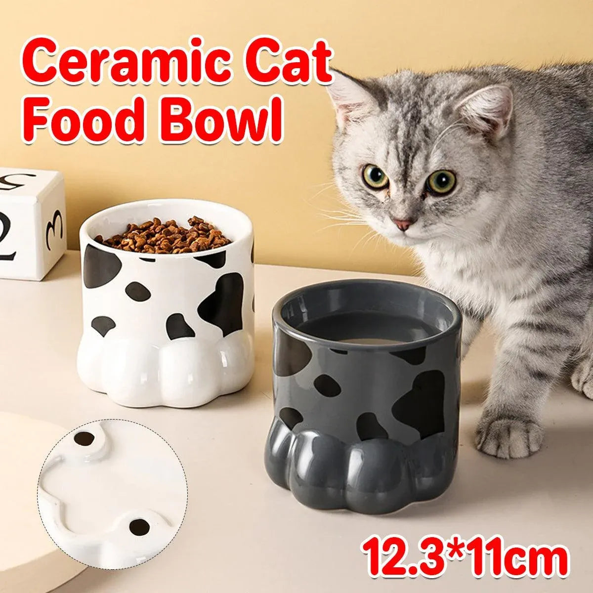 Ceramic Cat Food Bowl Cute Drinking Bowl for Pets Non Slip Food Water Dish Bowl - Grey