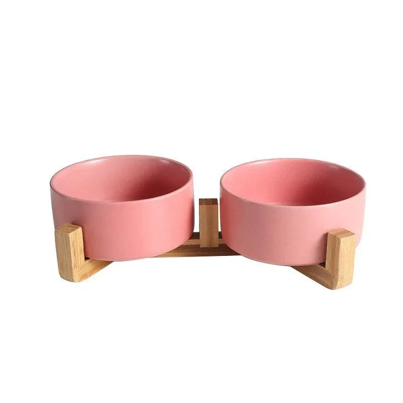 Ceramic Pet Bowl Double Cat Food Bowl Dog Water Bowl Feeding Drinking Bowl Set - Pink