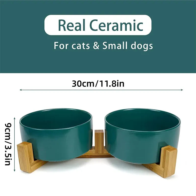 Ceramic Pet Bowl Double Cat Food Bowl Dog Water Bowl Feeding Drinking Bowl Set - Pink