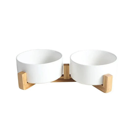 Ceramic Pet Bowl Double Cat Food Bowl Dog Water Bowl Feeding Drinking Bowl Set - White
