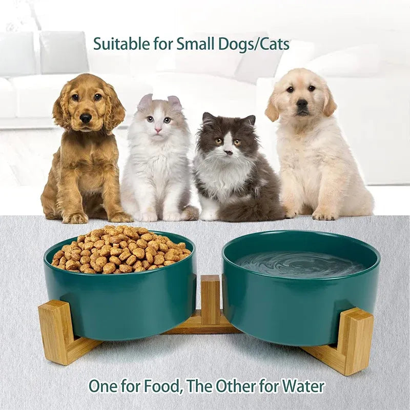 Ceramic Pet Bowl Double Cat Food Bowl Dog Water Bowl Feeding Drinking Bowl Set - White