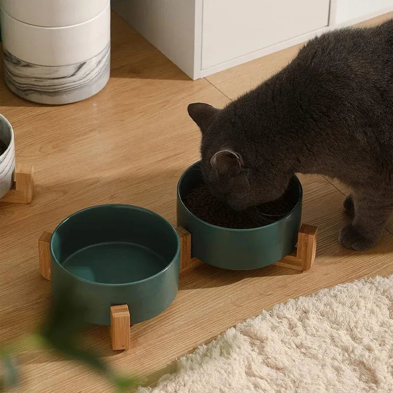 Ceramic Pet Bowl Double Cat Food Bowl Dog Water Bowl Feeding Drinking Bowl Set - White