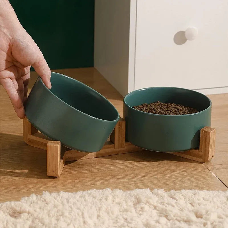 Ceramic Pet Bowl Double Cat Food Bowl Dog Water Bowl Feeding Drinking Bowl Set - White
