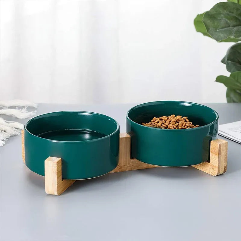 Ceramic Pet Bowl Double Cat Food Bowl Dog Water Bowl Feeding Drinking Bowl Set - White