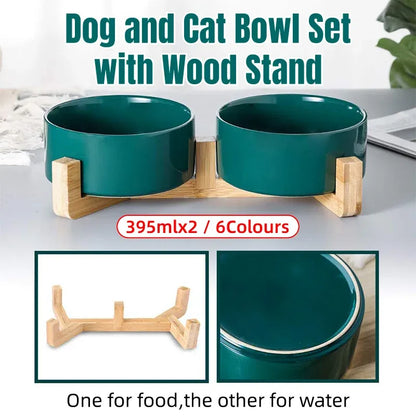 Ceramic Pet Bowl Double Cat Food Bowl Dog Water Bowl Feeding Drinking Bowl Set - White