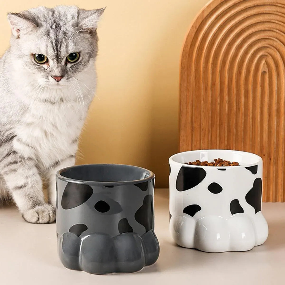 Ceramic Cat Food Bowl Cute Drinking Bowl for Pets Non Slip Food Water Dish Bowl - White