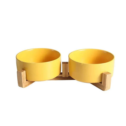 Ceramic Pet Bowl Double Cat Food Bowl Dog Water Bowl Feeding Drinking Bowl Set - Yellow