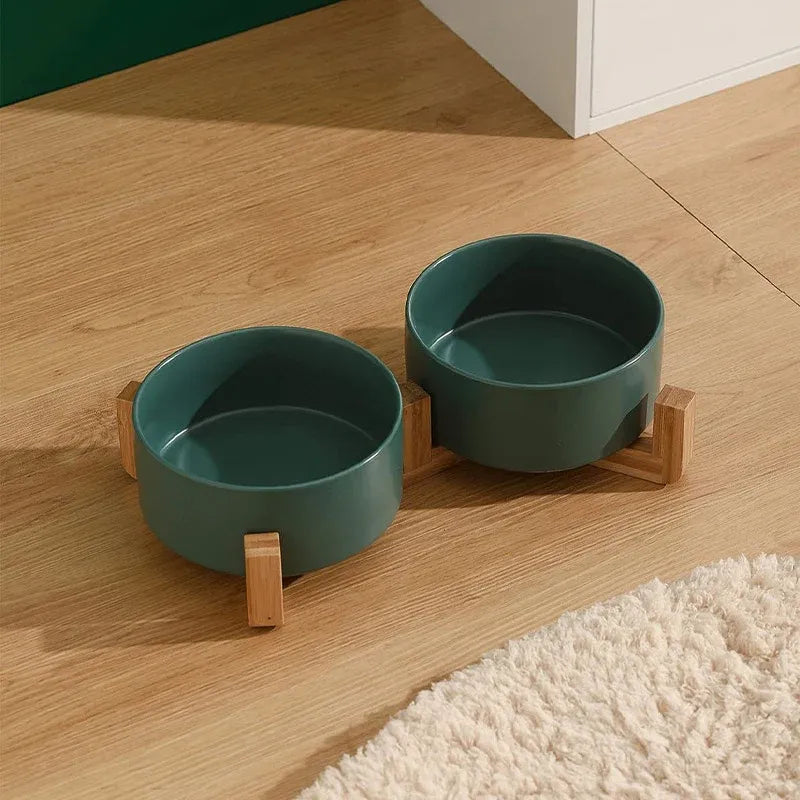 Ceramic Pet Bowl Double Cat Food Bowl Dog Water Bowl Feeding Drinking Bowl Set - Yellow