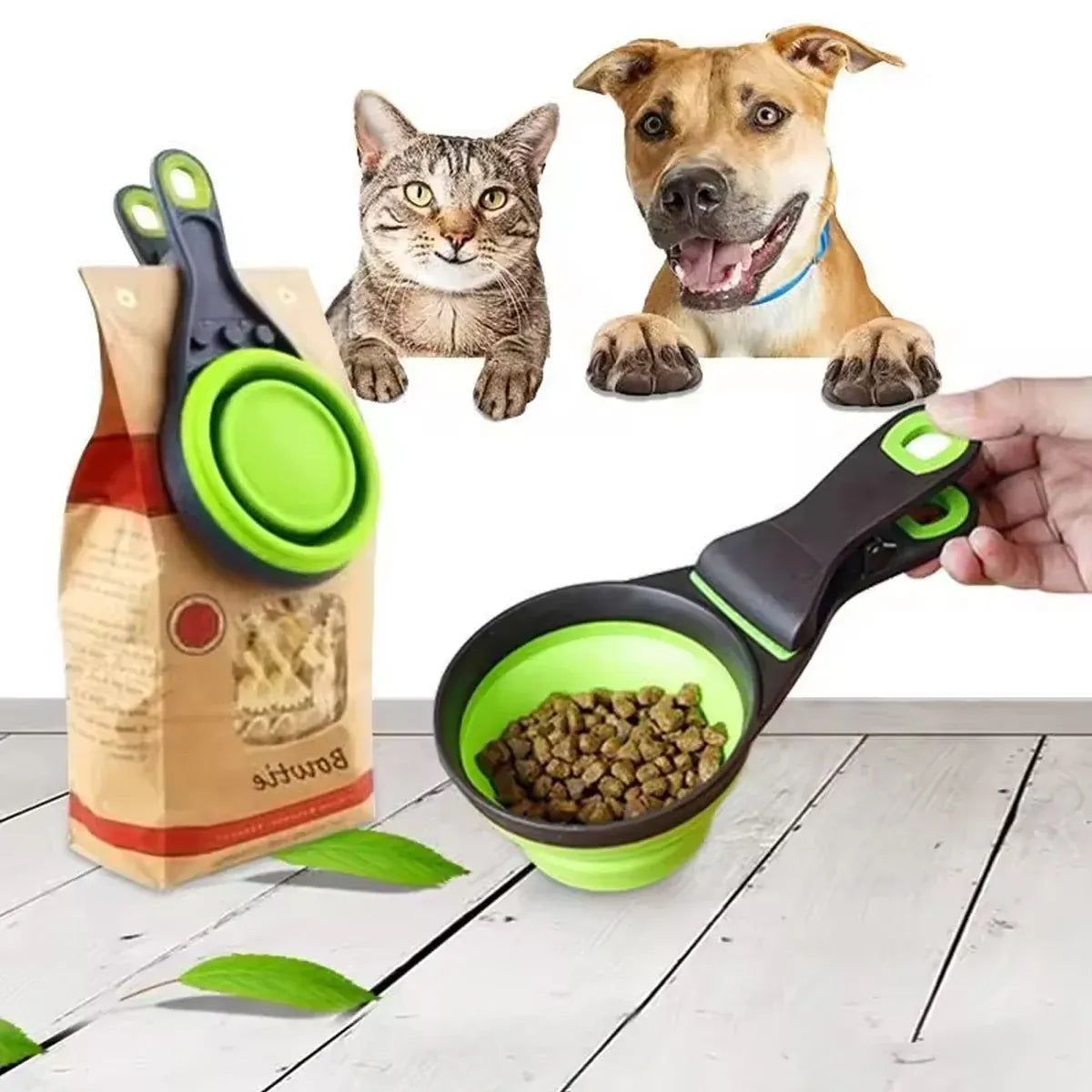 Silicone Pet Food Scoop With Clip Long Handle Foldable Cat Dog Spoon Tool - L