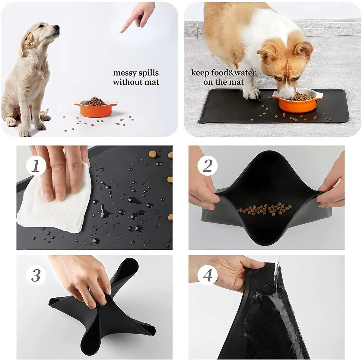 Silicone Pet Feeding Mat Dog Cat Food Bowl Placemat Waterproof Non-Slip Easy Clean - Black