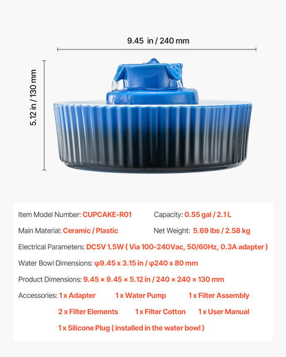 Ceramic Cat Water Fountain, 2.1 L Cupcake Pet Fountain, 360x Drinking Area and Multi-Layer Filtration System