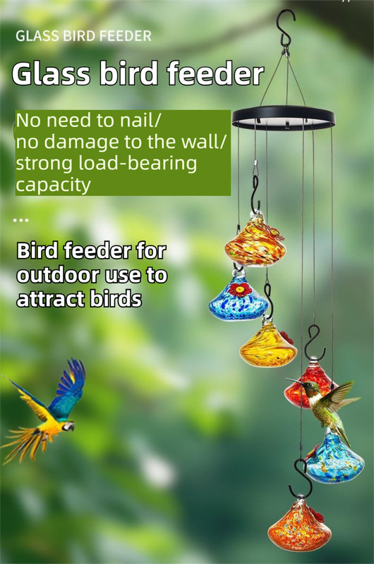 Outdoor Hand-Blown Glass Bird Feeder - Durable Weather-Proof Bird Waterer, Includes Funnel & Hanging Rope (Single - Red Dot)
