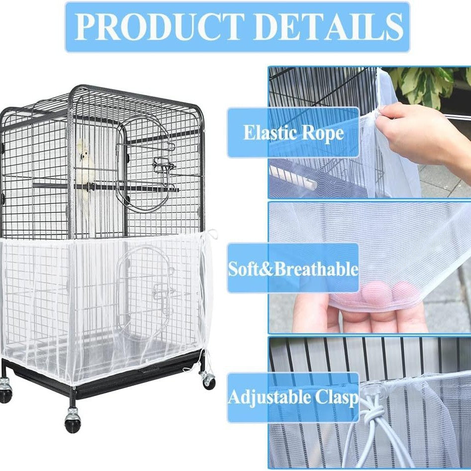 L Black Flower【Height 30, Circumference 220】 Large Bird Cage Seed Catcher Net Cover - Adjustable Mesh Guard Splash-Proof Dust Cover for Indoor Outdoor Cages