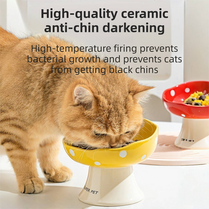 Yellow and Black Elevated 15° Tilted Ceramic Cat Bowl - Anti-Chin Acne Glaze Finish, Non-Slip Weighted Base & Neck Protection Pet Feeder