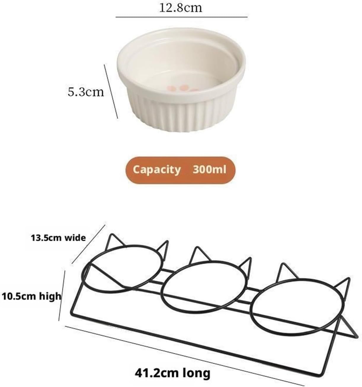 Triple Slanted Ceramic Pet Bowl Set with Elevated Iron Stand and Non Slip Base - 3 x 300ML Versatile Pink Cat Paw Print Pattern Dishes for Water & Food