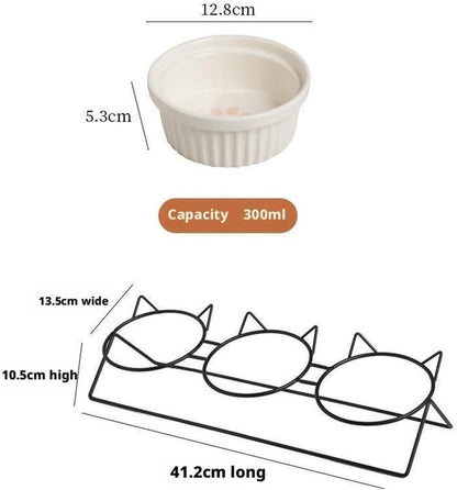 Triple Slanted Ceramic Pet Bowl Set with Elevated Iron Stand and Non Slip Base - 3 x 300ML Versatile Blue Cat Paw Print Pattern Dishes for Water & Food