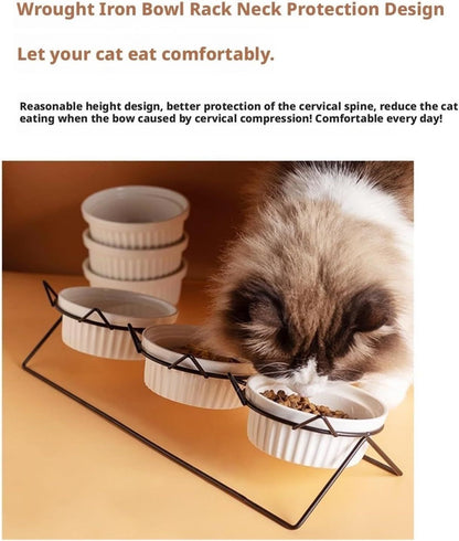 Triple Slanted Ceramic Pet Bowl Set with Elevated Iron Stand and Non Slip Base - 3 x 300ML Versatile Yellow Cat Paw Print Pattern Dishes for Water & Food