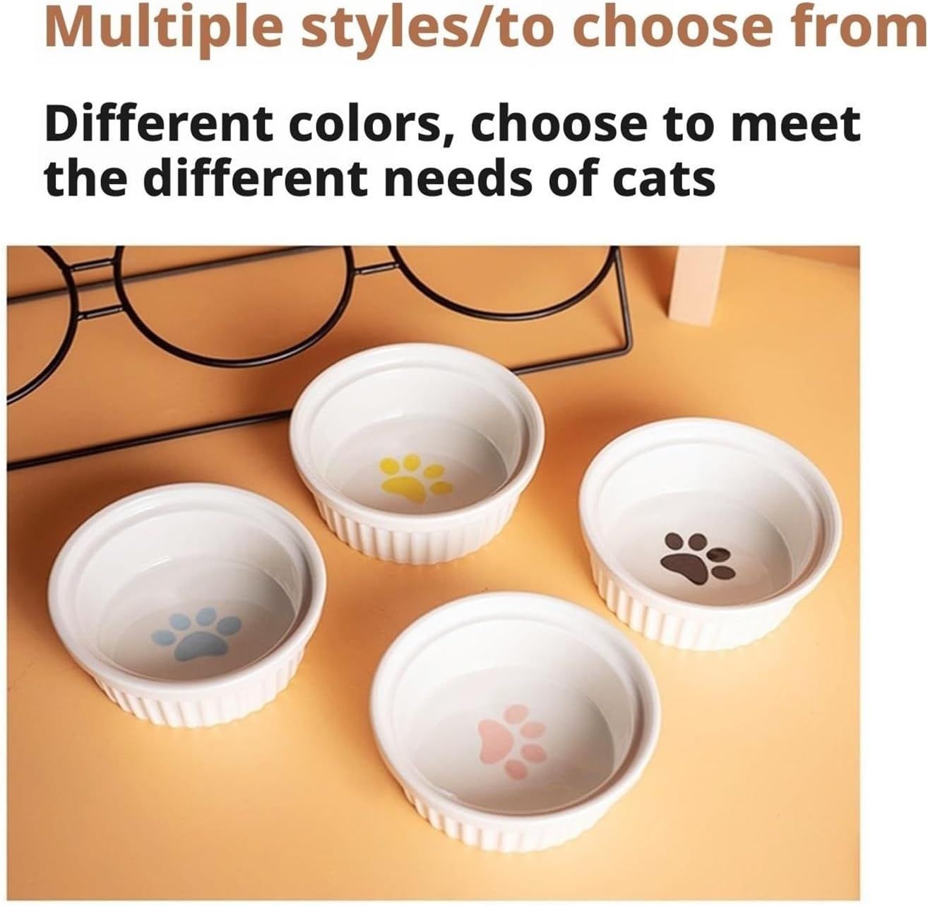 Triple Slanted Ceramic Pet Bowl Set with Elevated Iron Stand and Non Slip Base - 3 x 300ML Versatile Yellow Cat Paw Print Pattern Dishes for Water & Food
