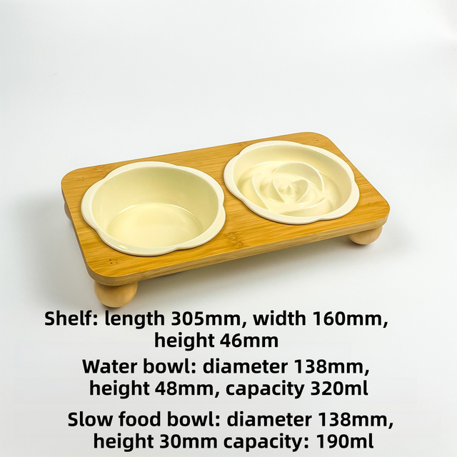 Yellow Ceramic Floral Cat Slow Feeder(190ML) & Water Bowl(320ML) Set - Dishwasher Safe Pet Dual Dining Kit with Neck-Friendly Elevated Stand