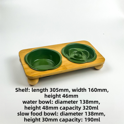 Green Ceramic Floral Cat Slow Feeder(190ML) & Water Bowl(320ML) Set - Dishwasher Safe Pet Dual Dining Kit with Neck-Friendly Elevated Stand