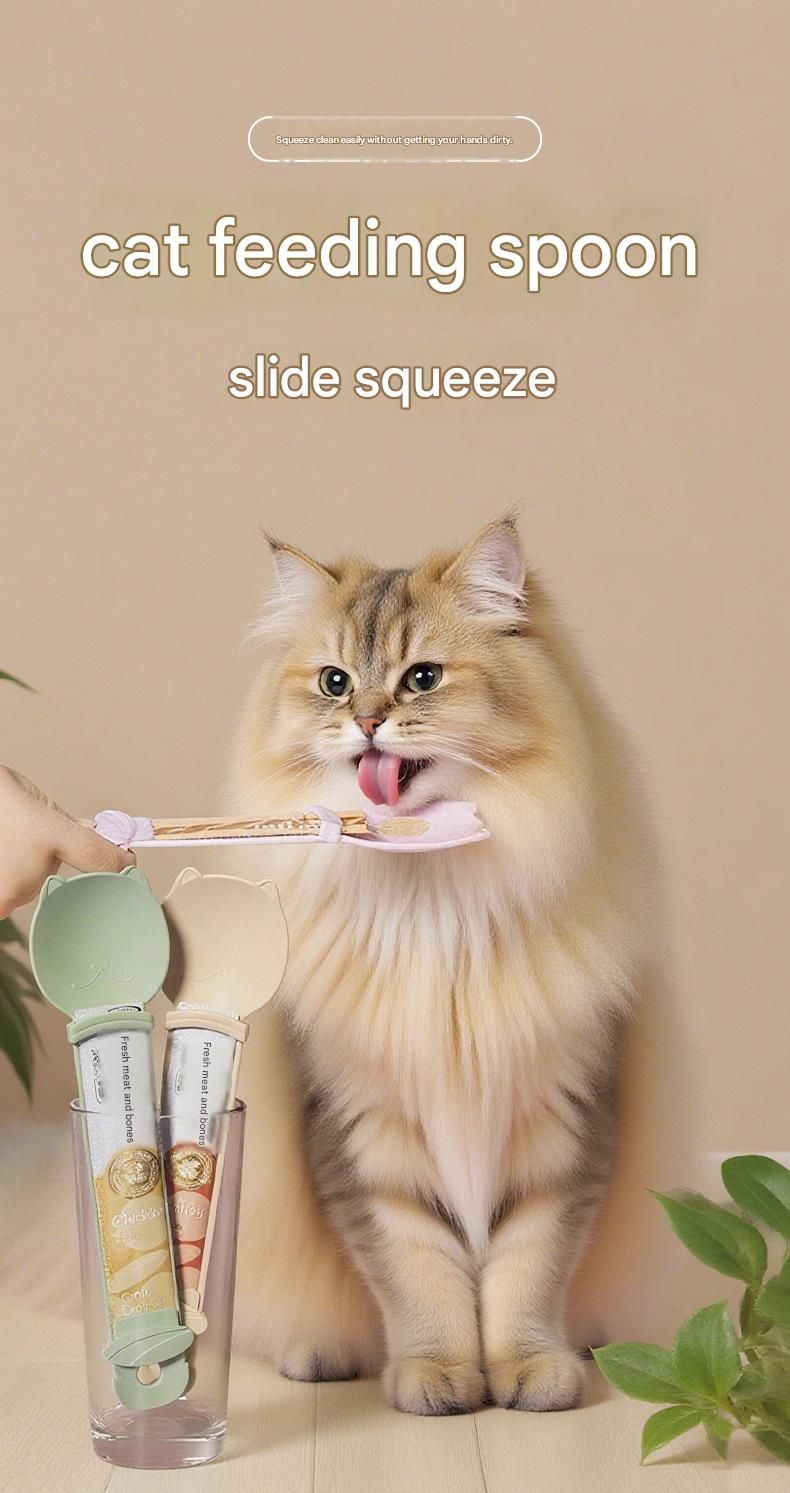 Pink Cat Treat Spoon for Wet Food & Paste - Extra-Long PP Handle, Food-Grade Squeeze Feeder with Anti-Spill Bowl, Easy One-Handed Operation for Cats