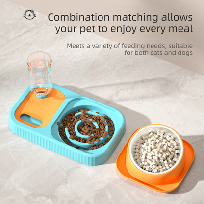 Blue and Orange Cat & Dog Feeding Station with Water Dispenser – Elevated Stainless Steel Pet Bowl Set with Slow Feeder, Anti-Spill Design and Automatic Water Supply