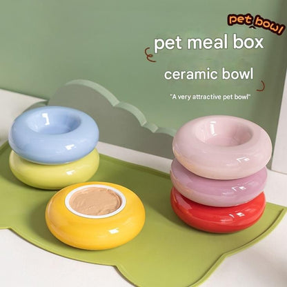 Blue Ceramic Pet Donut Bowl - 50ml  Food Dish for Cats and Small Dogs - Non Slip Base, Easy Clean Glaze, Compact Snack Feeder, Pastel Colours, Home and Travel Use