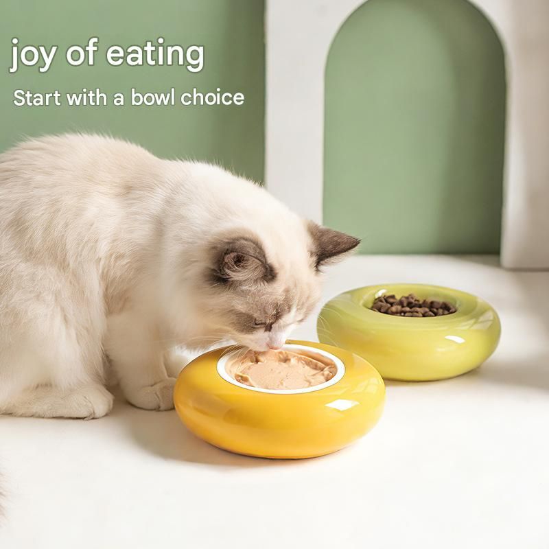 Blue Ceramic Pet Donut Bowl - 50ml  Food Dish for Cats and Small Dogs - Non Slip Base, Easy Clean Glaze, Compact Snack Feeder, Pastel Colours, Home and Travel Use