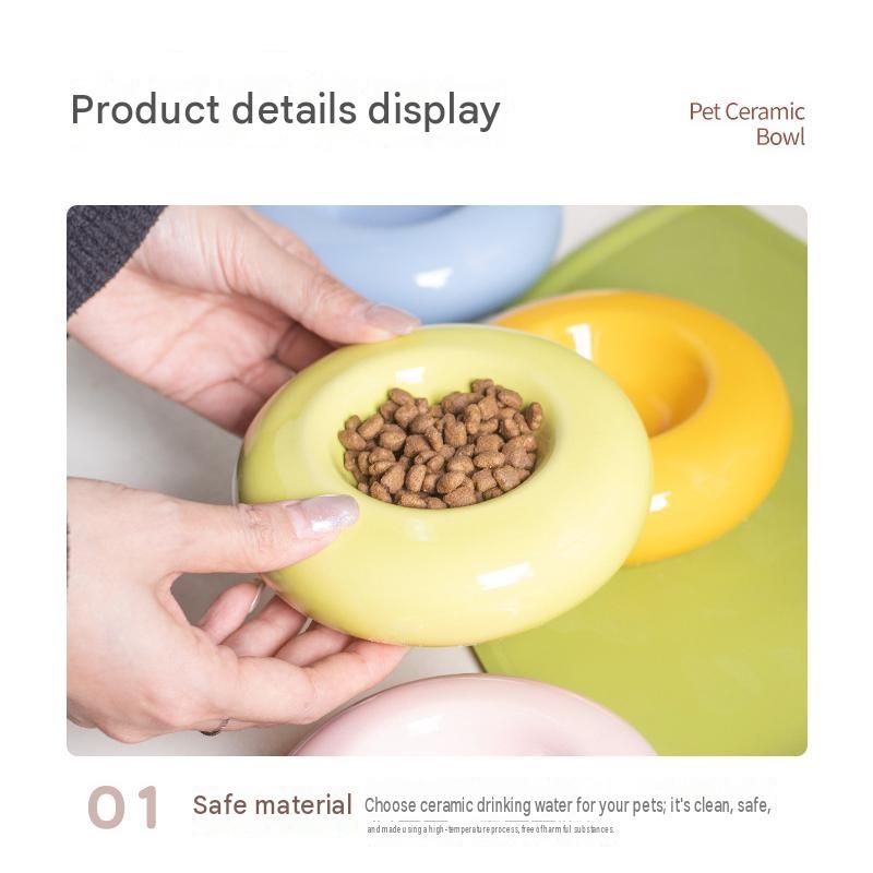 Red Ceramic Pet Donut Bowl - 50ml  Food Dish for Cats and Small Dogs - Non Slip Base, Easy Clean Glaze, Compact Snack Feeder, Pastel Colours, Home and Travel Use