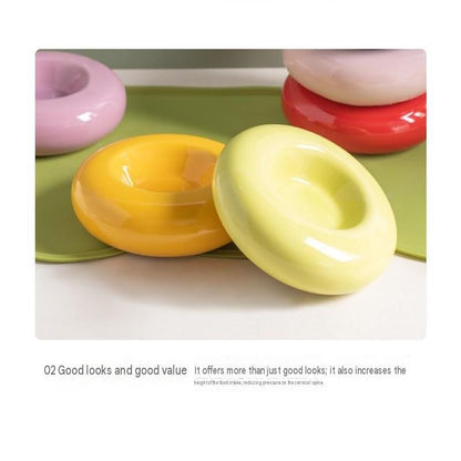 Red Ceramic Pet Donut Bowl - 50ml  Food Dish for Cats and Small Dogs - Non Slip Base, Easy Clean Glaze, Compact Snack Feeder, Pastel Colours, Home and Travel Use