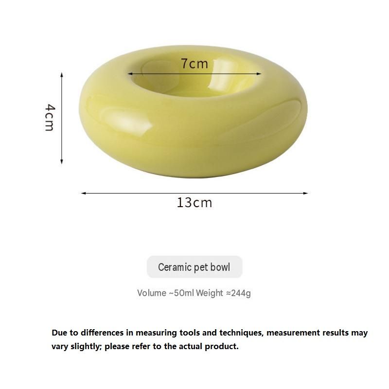 Yellow Ceramic Pet Donut Bowl - 50ml  Food Dish for Cats and Small Dogs - Non Slip Base, Easy Clean Glaze, Compact Snack Feeder, Pastel Colours, Home and Travel Use