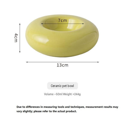 Yellow Ceramic Pet Donut Bowl - 50ml  Food Dish for Cats and Small Dogs - Non Slip Base, Easy Clean Glaze, Compact Snack Feeder, Pastel Colours, Home and Travel Use