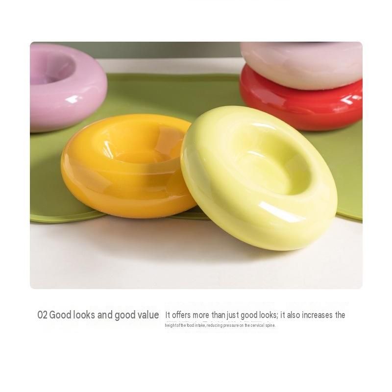 Yellow Ceramic Pet Donut Bowl - 50ml  Food Dish for Cats and Small Dogs - Non Slip Base, Easy Clean Glaze, Compact Snack Feeder, Pastel Colours, Home and Travel Use